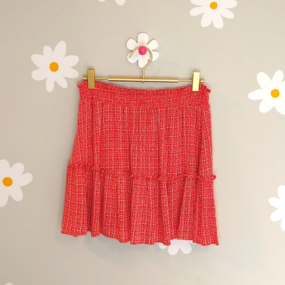 Les Soeurs Red & White Patterned Smocked Ruffle Mini Skirt